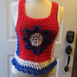 Handmade 70s patriotic Red, White, Blue Crocheted Granny Square Flower Sweater